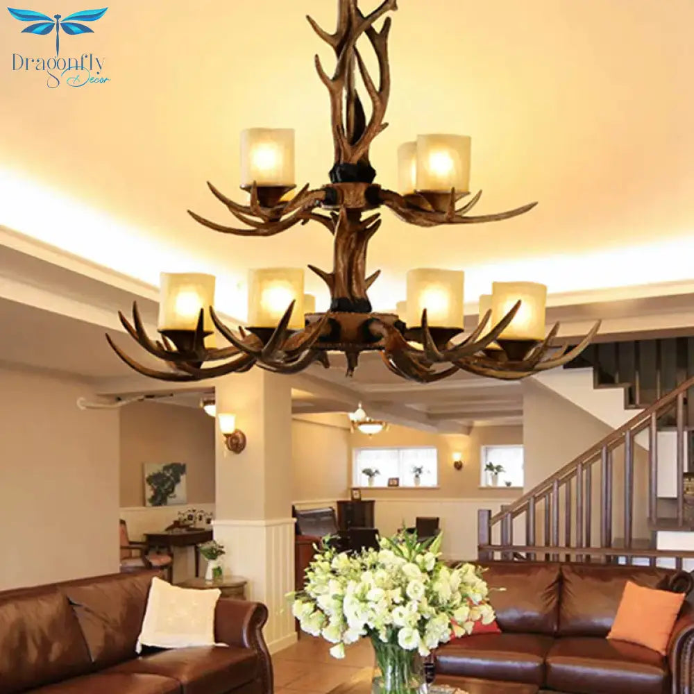 Rustic 2-Tier Resin Hanging Pendant Light With 12 Heads In Brown With Cylinder Frosted Glass Shade