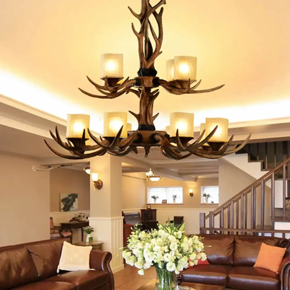 Rustic 2-Tier Resin Hanging Pendant Light With 12 Heads In Brown With Cylinder Frosted Glass Shade