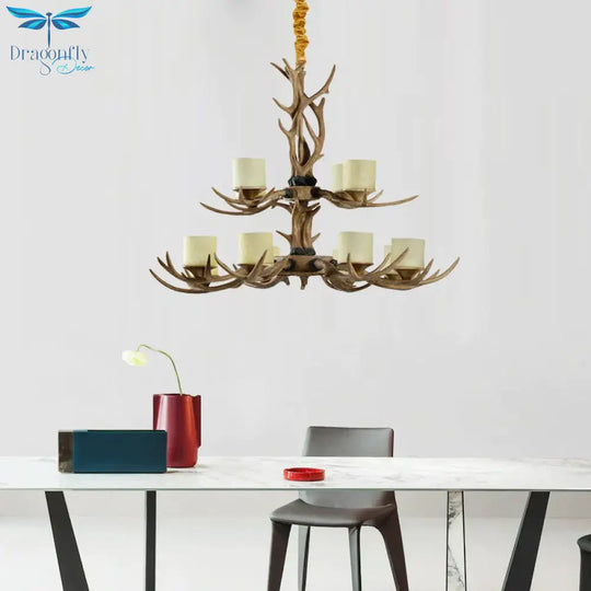 Rustic 2-Tier Resin Hanging Pendant Light With 12 Heads In Brown With Cylinder Frosted Glass Shade