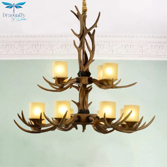 Rustic 2-Tier Resin Hanging Pendant Light With 12 Heads In Brown With Cylinder Frosted Glass Shade