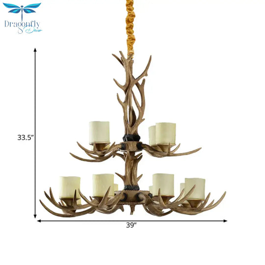 Rustic 2-Tier Resin Hanging Pendant Light With 12 Heads In Brown With Cylinder Frosted Glass Shade