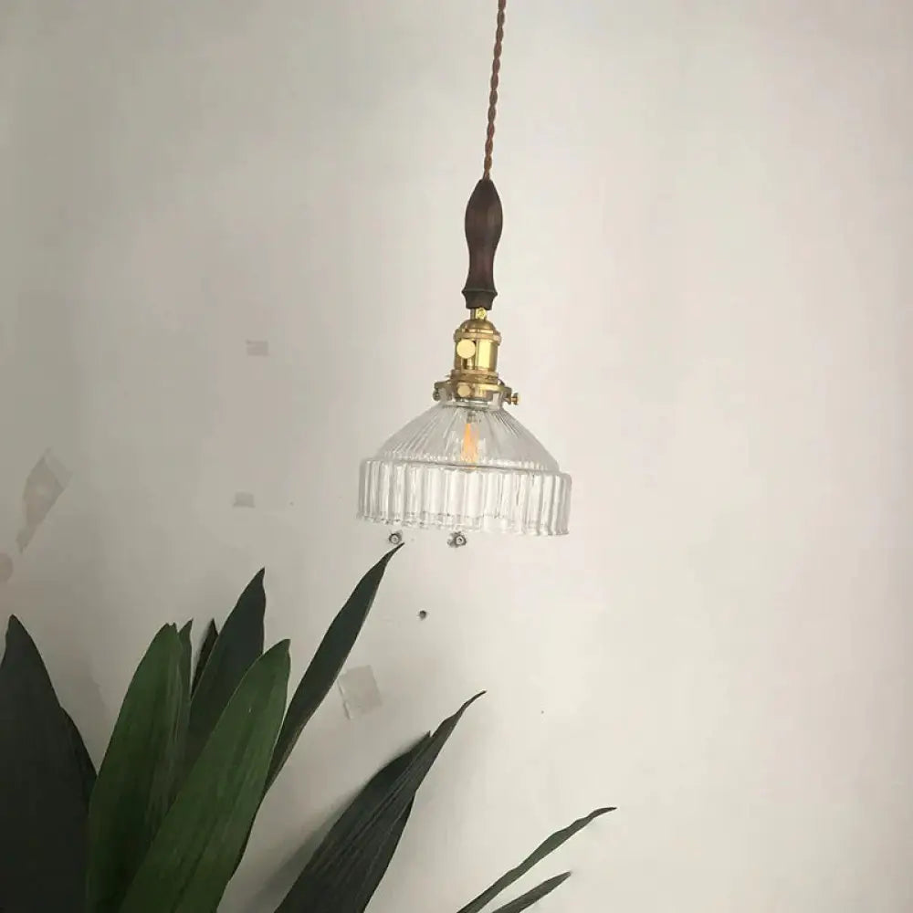 Rustic Barn Shade Pendant Lamp 1 - Light Clear Ribbed Glass Ceiling Suspension Light Black