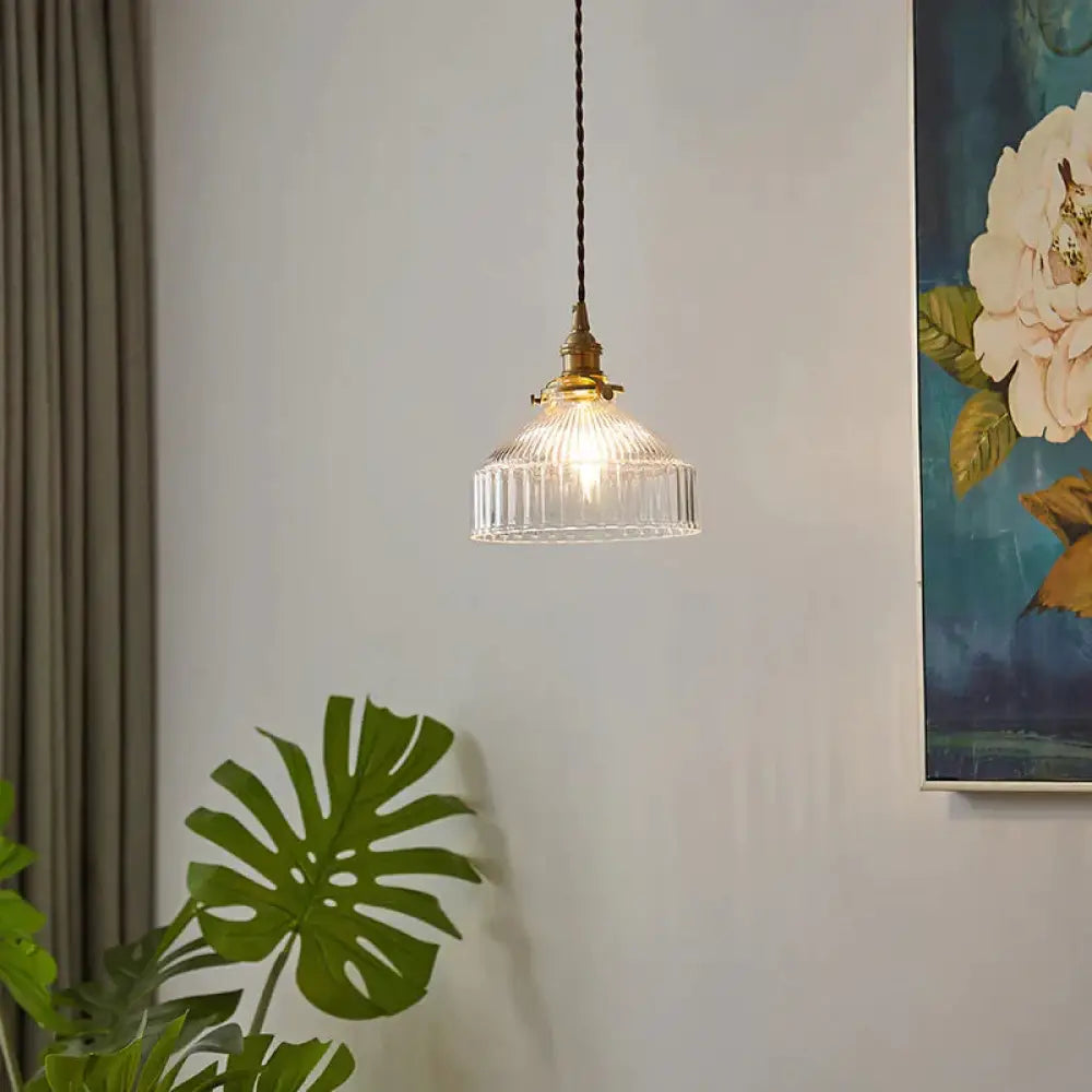 Rustic Barn Shade Pendant Lamp 1 - Light Clear Ribbed Glass Ceiling Suspension Light Brass