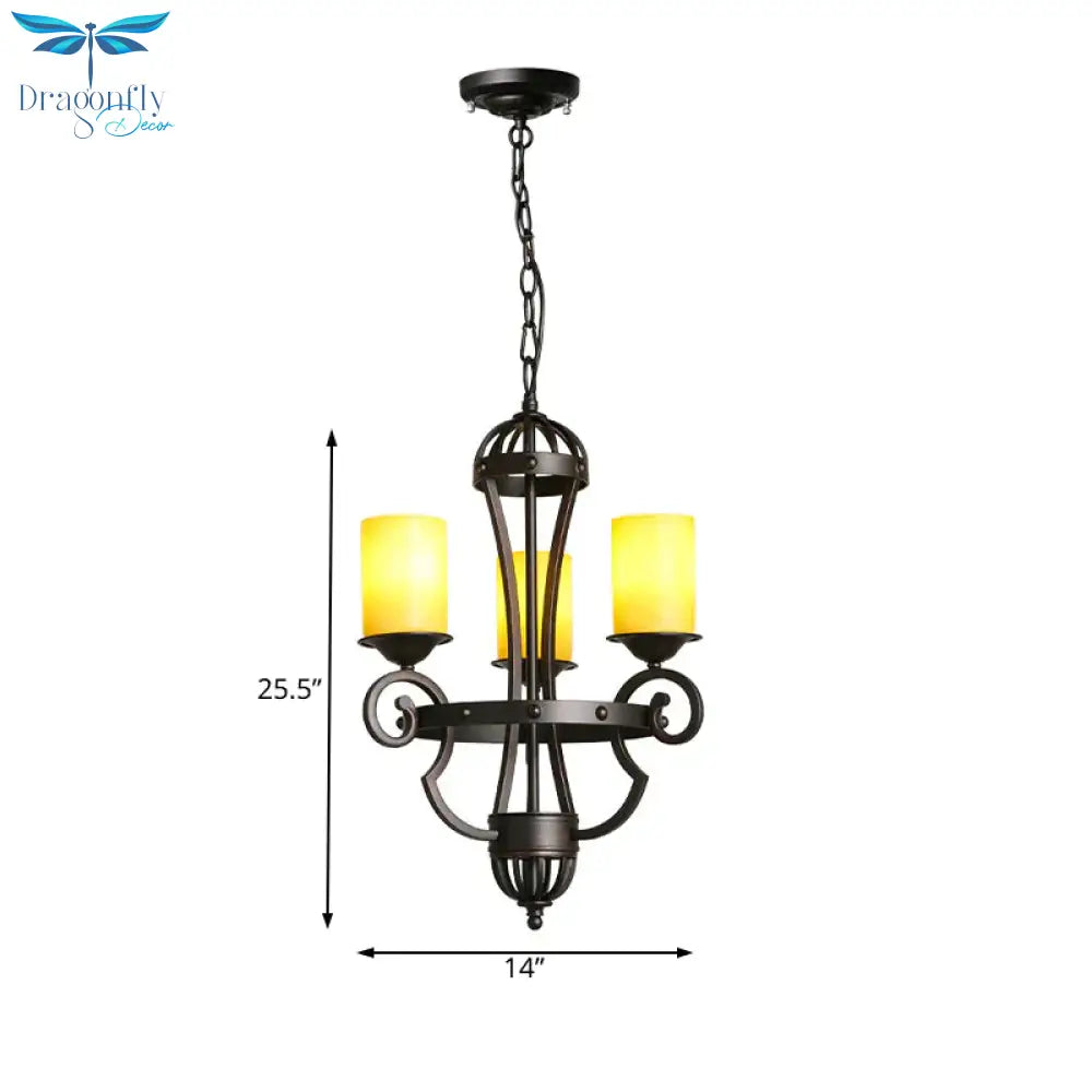 Rustic Black 3 Lights Hanging Fixture With Cylinder Yellow Glass Shade