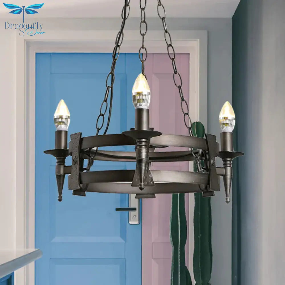 Rustic Black 3 Lights Metal Ceiling Chandelier Bare Bulb Living Room Hanging Lamp