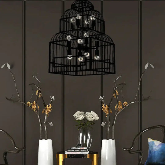 Rustic Black/Wood Exposed Bulb Living Room Hanging Ceiling Fixture With Cage Black