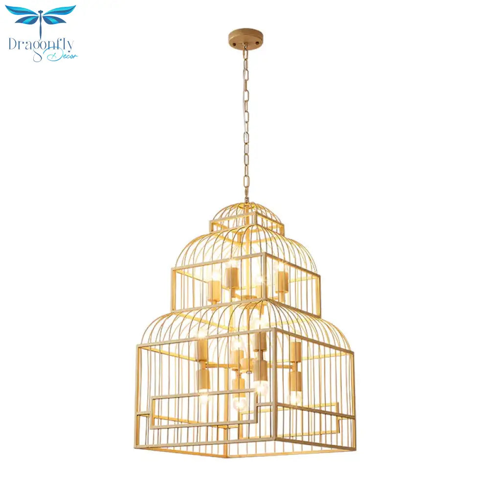 Rustic Black/Wood Exposed Bulb Living Room Hanging Ceiling Fixture With Cage