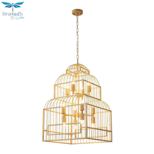 Rustic Black/Wood Exposed Bulb Living Room Hanging Ceiling Fixture With Cage