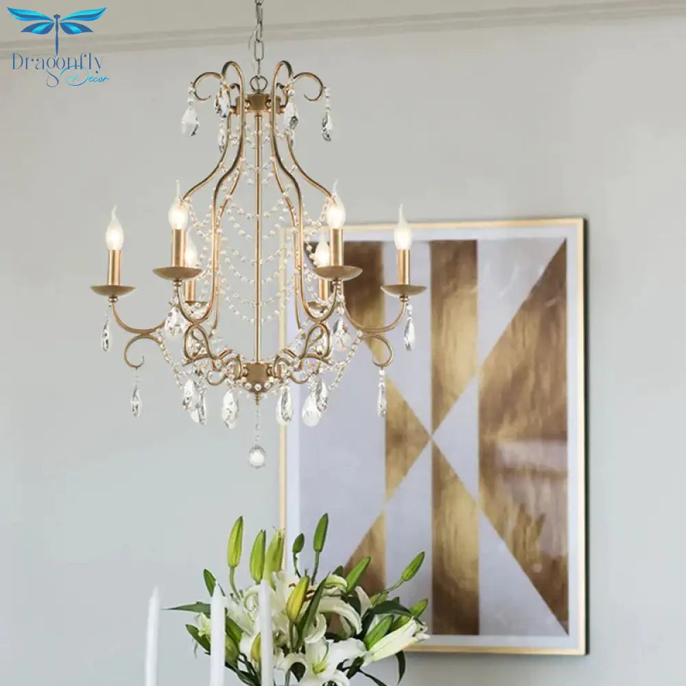 Rustic Candelabra Chandelier 6 Lights Crystal Strand Pendant Lighting In Gold Over Table