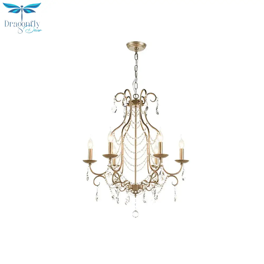 Rustic Candelabra Chandelier 6 Lights Crystal Strand Pendant Lighting In Gold Over Table
