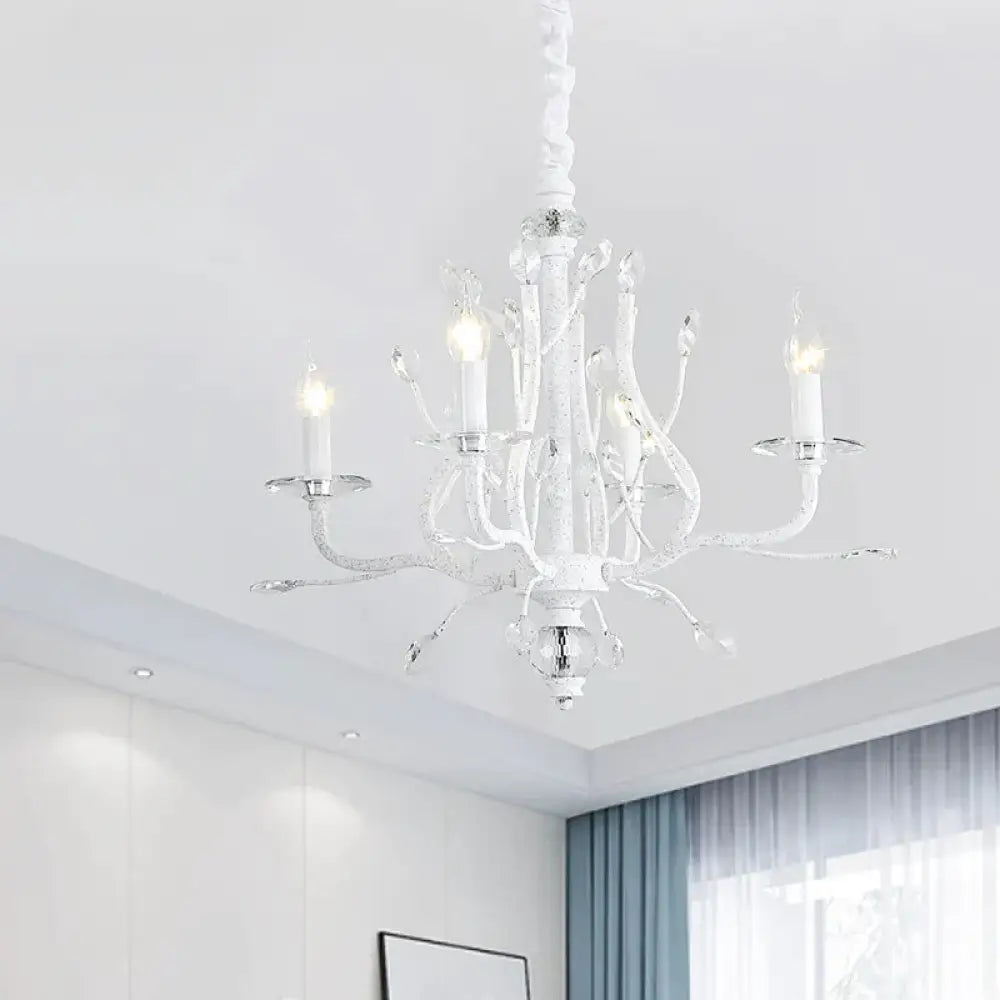 Rustic Candle Chandelier Lighting 4/6 Heads Clear K9 Crystal Suspension Light In White For Dining