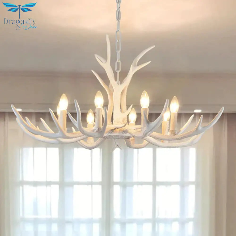Rustic Candle Hanging Pendant 4/6/8 - Light Resin Ceiling Chandelier In White For Bedroom