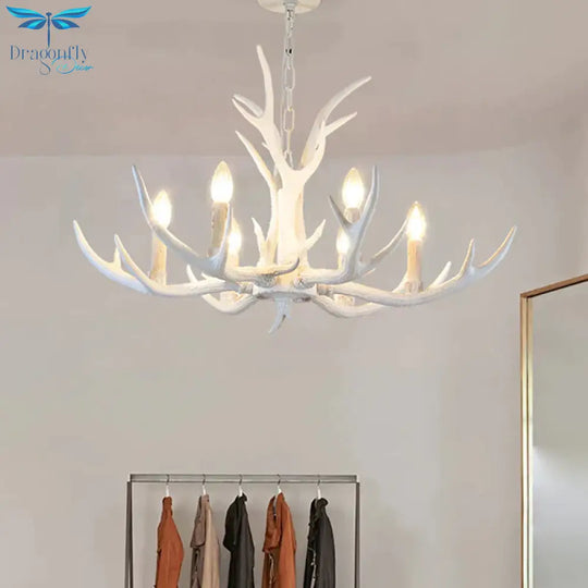 Rustic Candle Hanging Pendant 4/6/8 - Light Resin Ceiling Chandelier In White For Bedroom