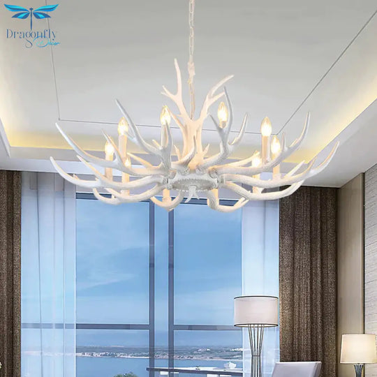Rustic Candle Hanging Pendant 4/6/8 - Light Resin Ceiling Chandelier In White For Bedroom