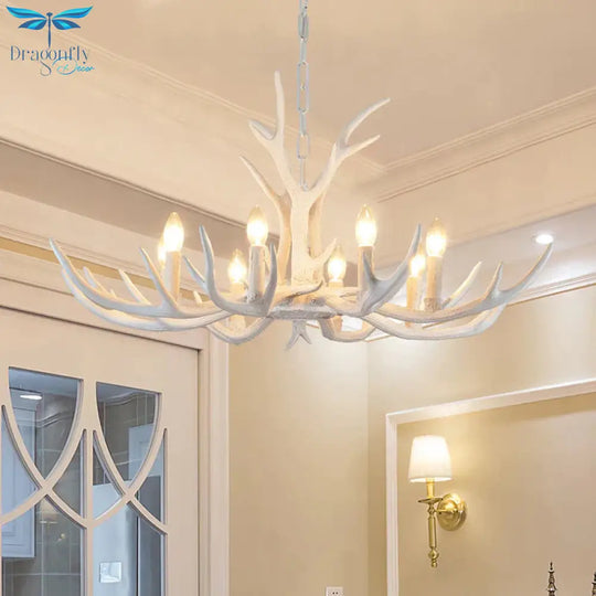 Rustic Candle Hanging Pendant 4/6/8 - Light Resin Ceiling Chandelier In White For Bedroom