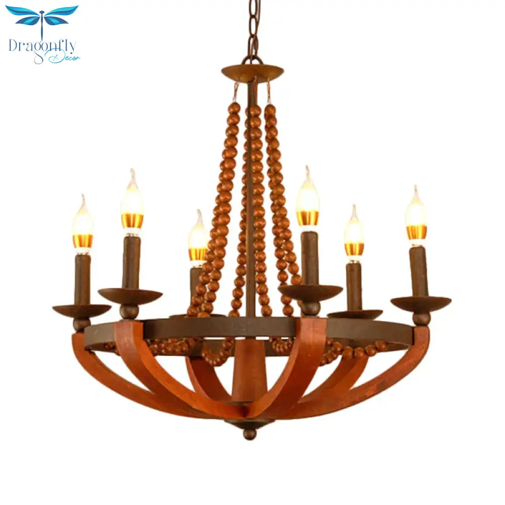 Rustic Candle Hanging Pendant 6 Lights Wooden Ceiling Chandelier In Red For Dining Room