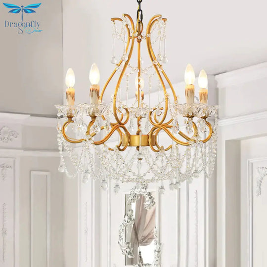 Rustic Candle - Style Chandelier 5 Lights Crystal Suspension Lamp In Gold For Living Room