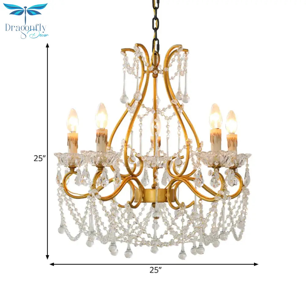 Rustic Candle - Style Chandelier 5 Lights Crystal Suspension Lamp In Gold For Living Room