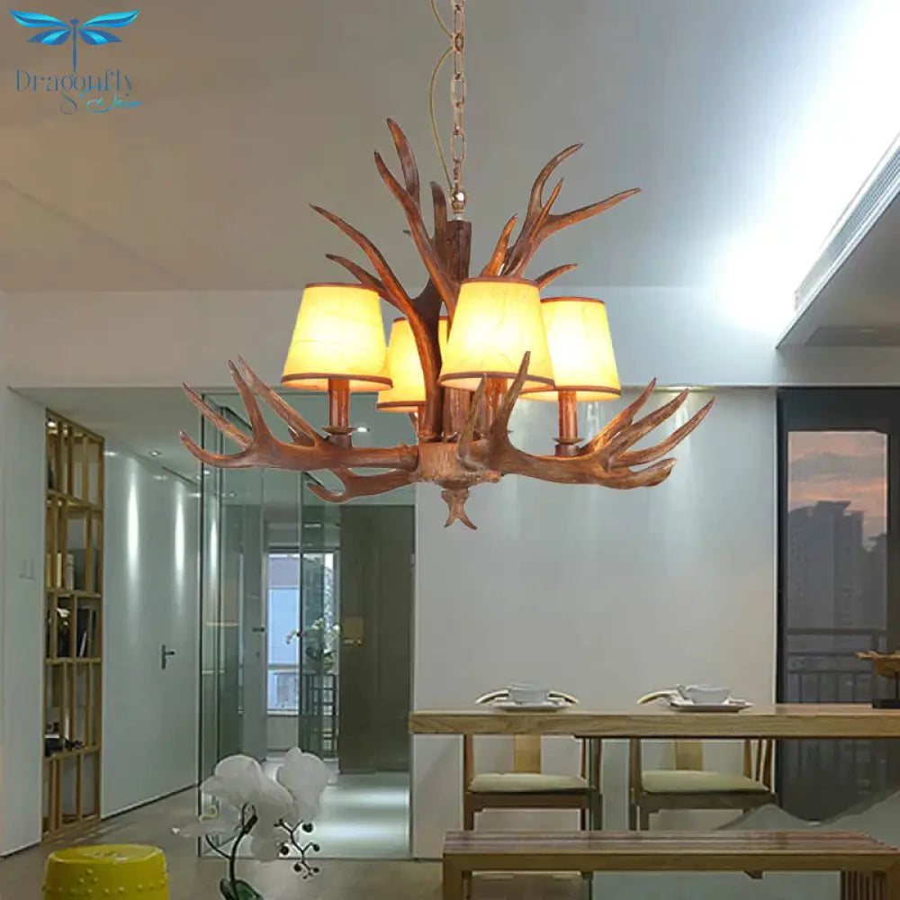 Rustic Cone Hanging Pendant 4/6/8 - Light Resin Ceiling Chandelier In Brown For Living Room
