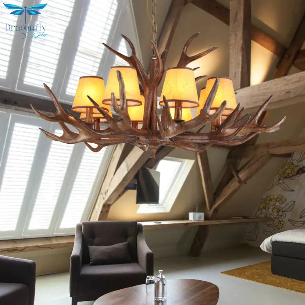 Rustic Cone Hanging Pendant 4/6/8 - Light Resin Ceiling Chandelier In Brown For Living Room