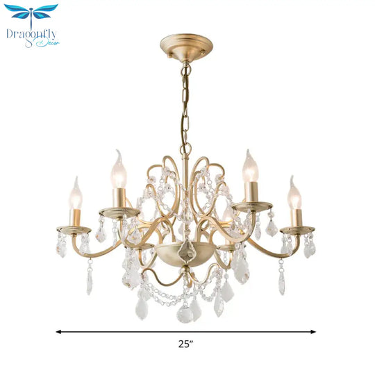 Rustic Curved Arm Chandelier Light Fixture 6/8 Lights Crystal Pendant Lighting In Gold For Bedroom