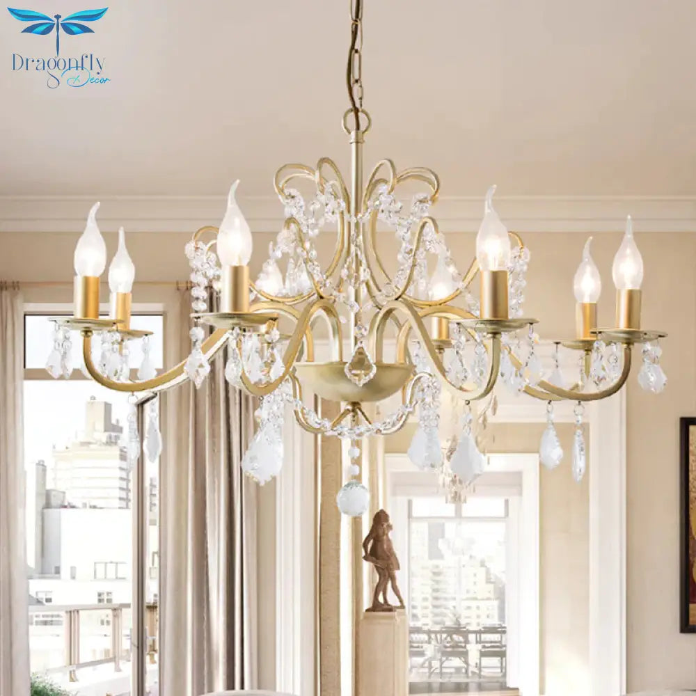 Rustic Curved Arm Chandelier Light Fixture 6/8 Lights Crystal Pendant Lighting In Gold For Bedroom