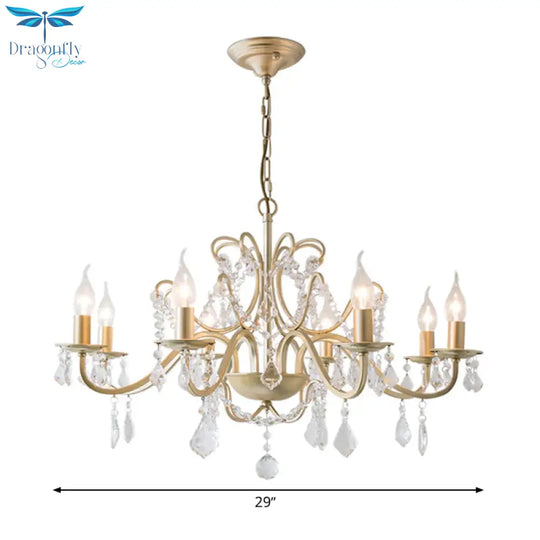 Rustic Curved Arm Chandelier Light Fixture 6/8 Lights Crystal Pendant Lighting In Gold For Bedroom