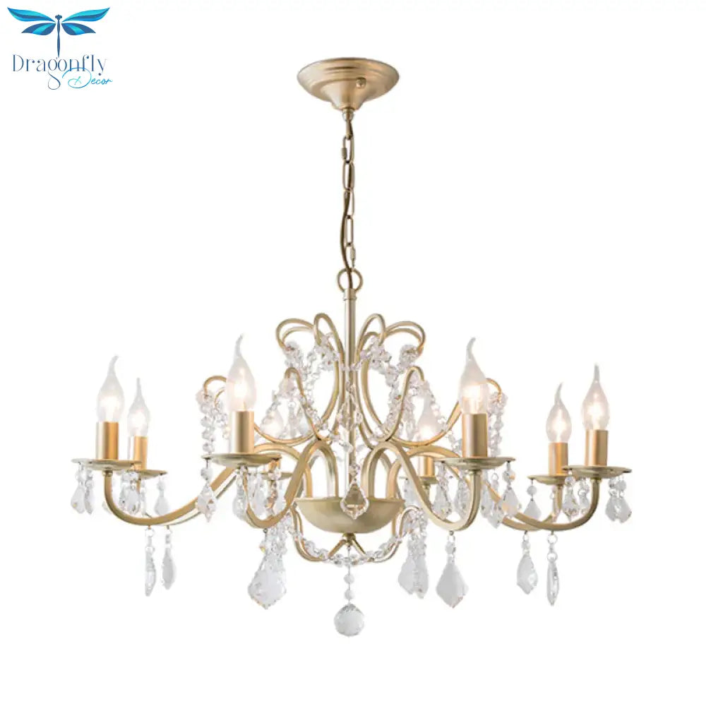 Rustic Curved Arm Chandelier Light Fixture 6/8 Lights Crystal Pendant Lighting In Gold For Bedroom