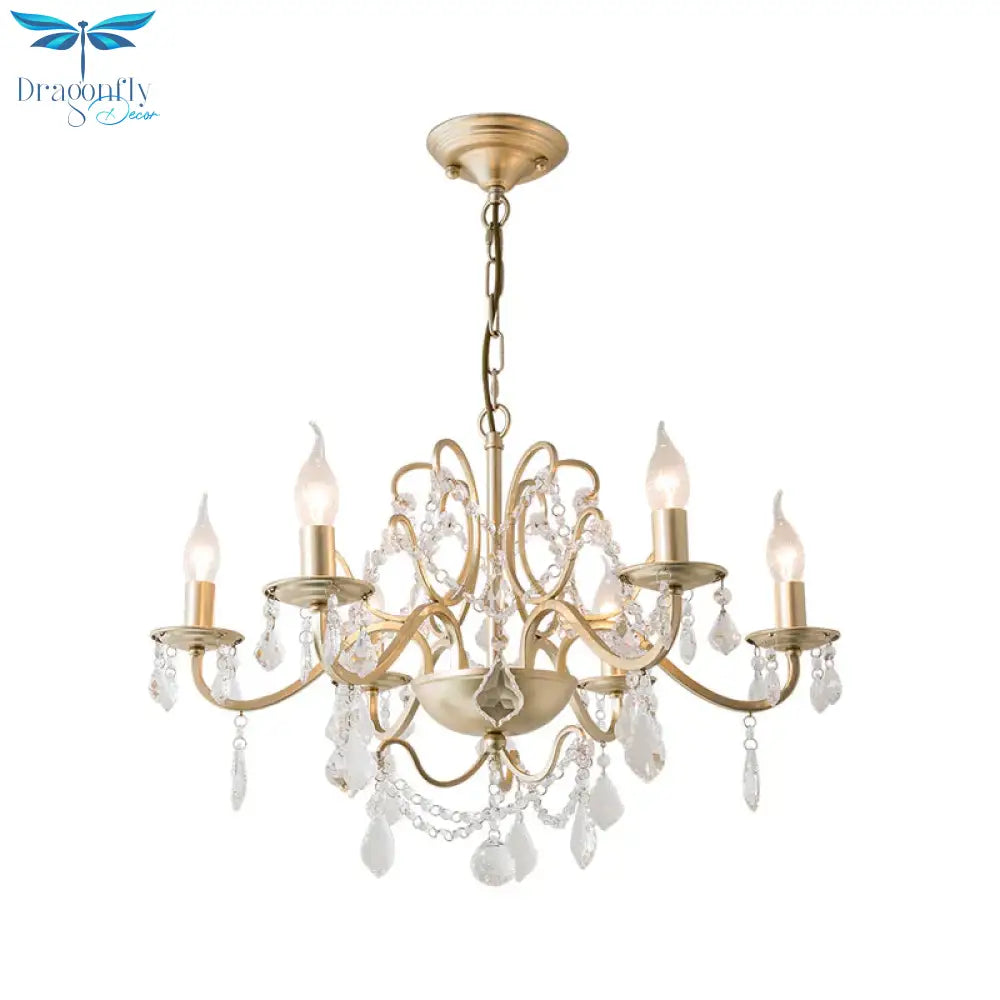 Rustic Curved Arm Chandelier Light Fixture 6/8 Lights Crystal Pendant Lighting In Gold For Bedroom
