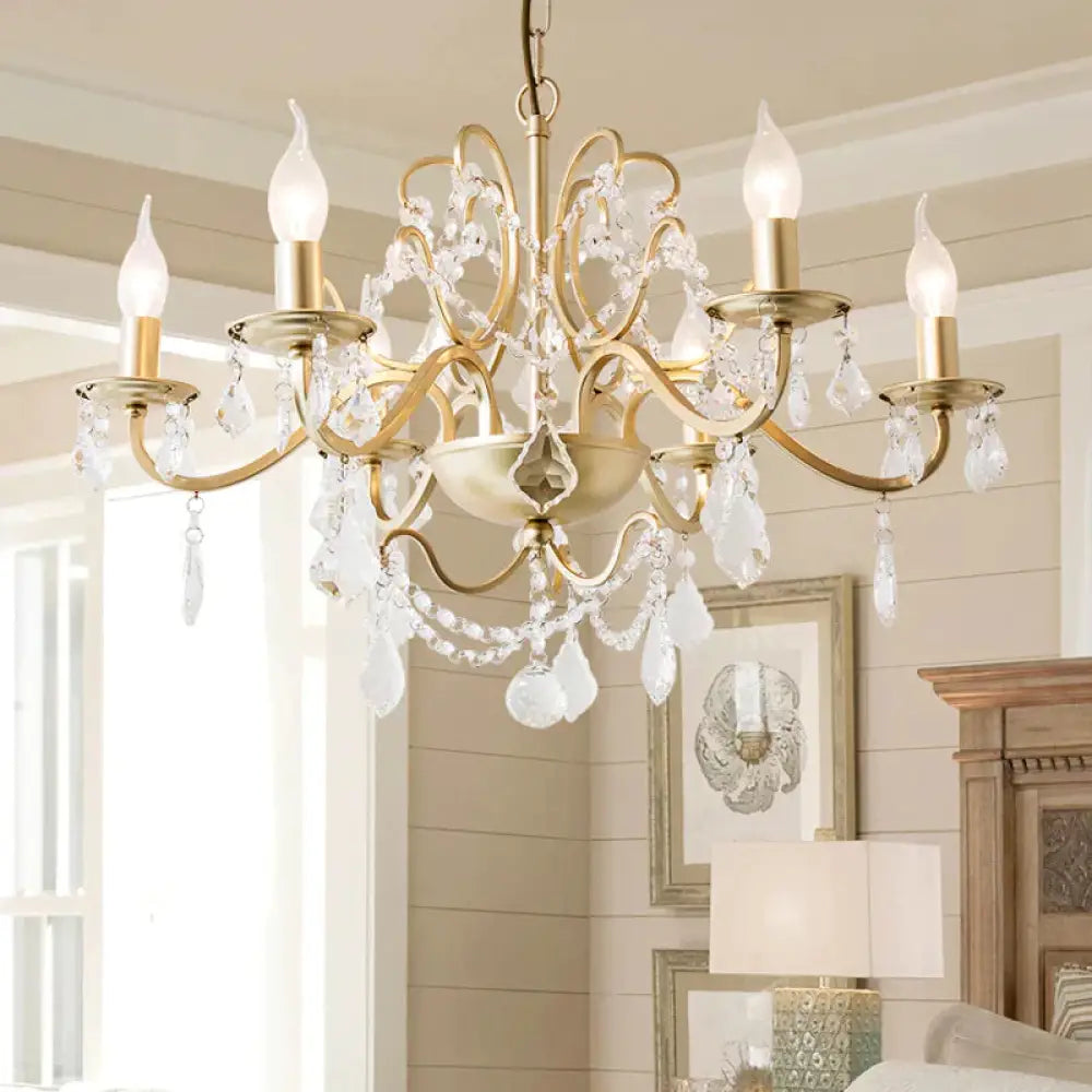 Rustic Curved Arm Chandelier Light Fixture 6/8 Lights Crystal Pendant Lighting In Gold For Bedroom