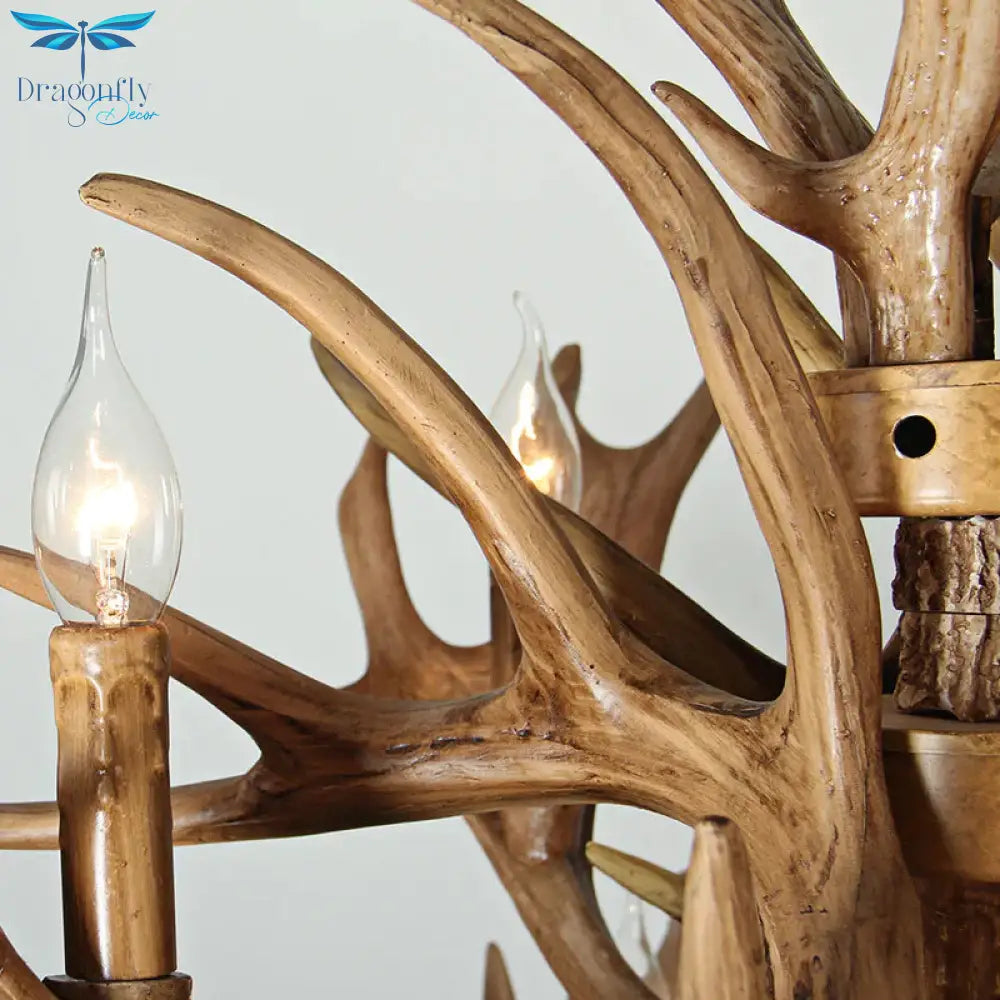 Rustic Deer Antler Ceiling Chandelier 8 Heads Resin Suspension Pendant Light In Brown For Restaurant