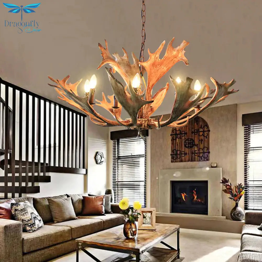 Rustic Deer Antler Ceiling Chandelier 8 Heads Resin Suspension Pendant Light In Brown For Restaurant