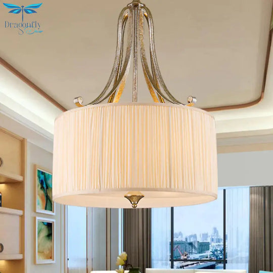 Rustic Drum Shade Chandelier Light Fixture 4 Heads Fabric Pendant Lighting In White For Living Room
