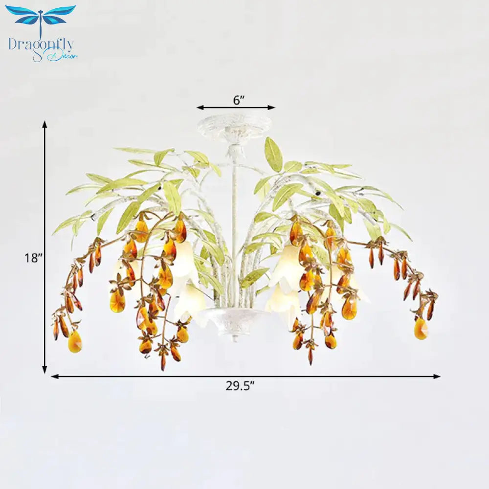Rustic Flower Chandelier Light 3/6 Lights White Glass Hanging With Amber Crystal Decoration
