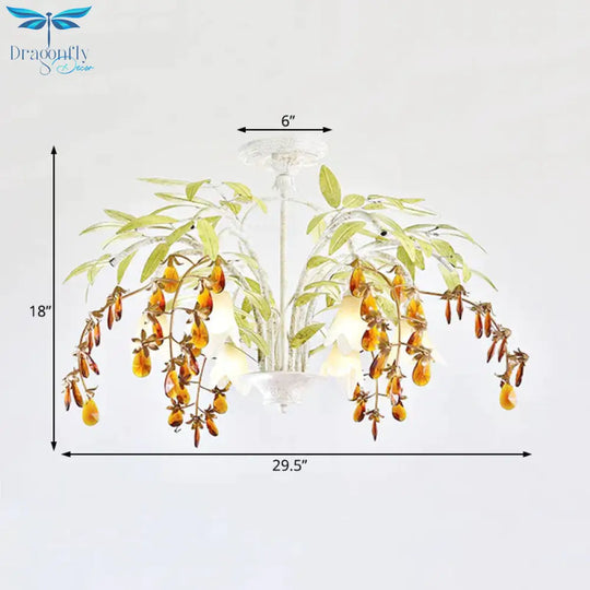 Rustic Flower Chandelier Light 3/6 Lights White Glass Hanging With Amber Crystal Decoration
