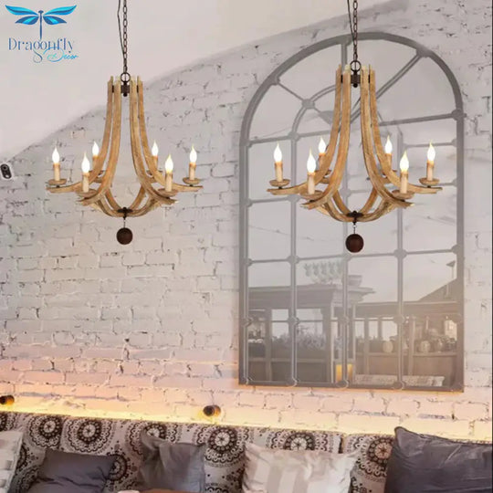 Rustic Laser - Cut Hanging Chandelier Wood 6 Bulbs Suspension Light In Beige For Bedroom