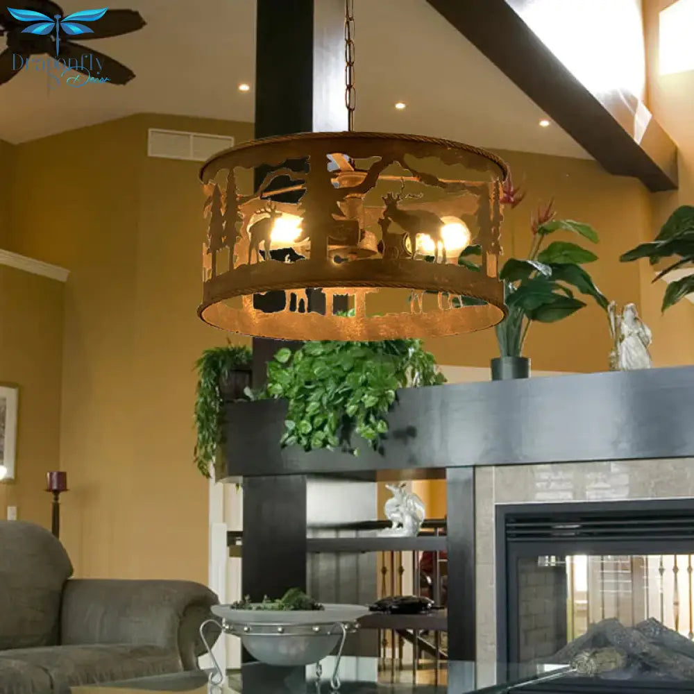 Rustic Metal 3 Lights Pendant Light Fixture For Living Room With Round Canopy