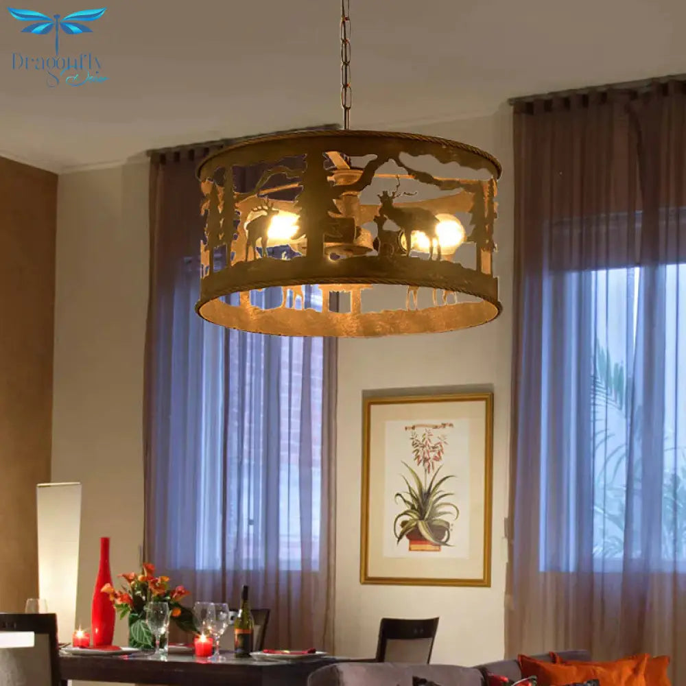 Rustic Metal 3 Lights Pendant Light Fixture For Living Room With Round Canopy Rust