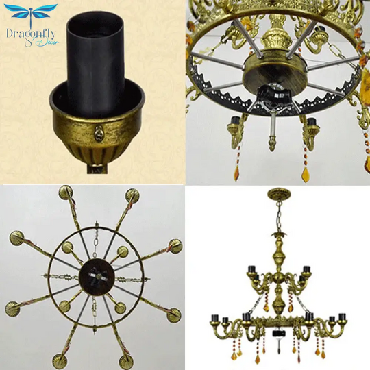 Rustic Stained Glass 12 Arms Parrot Suspension Light Chandelier Center Bowl In Yellow