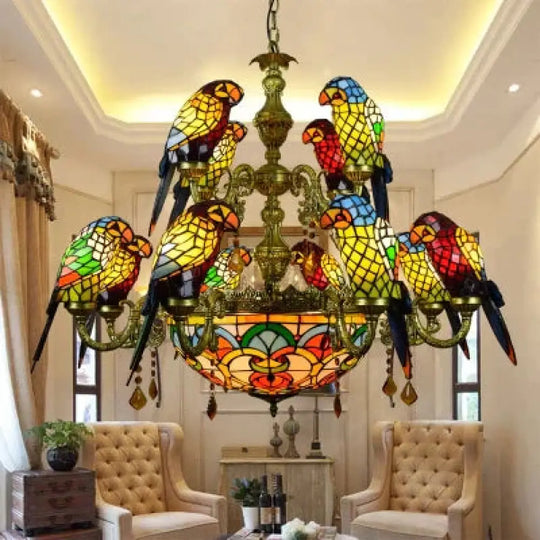 Rustic Stained Glass 12 Arms Parrot Suspension Light Chandelier Center Bowl In Yellow