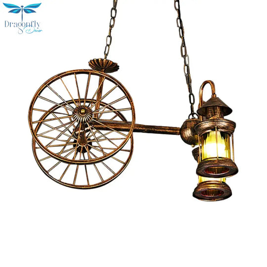 Rustic Stylish Wheel Design Hanging Lamp With Lantern Shade 2 Lights Metal Chandelier Lighting In