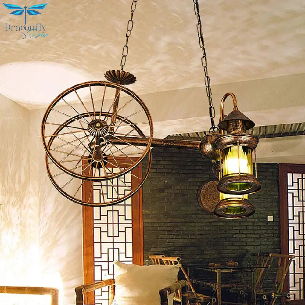 Rustic Stylish Wheel Design Hanging Lamp With Lantern Shade 2 Lights Metal Chandelier Lighting In