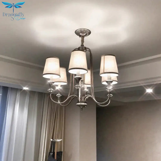 Rustic Tapered Ceiling Lamp 3/6 Lights Fabric Chandelier Light Fixture In Aged Silver For Living