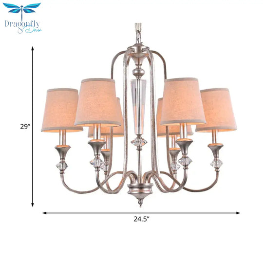Rustic Tapered Ceiling Lamp 3/6 Lights Fabric Chandelier Light Fixture In Aged Silver For Living