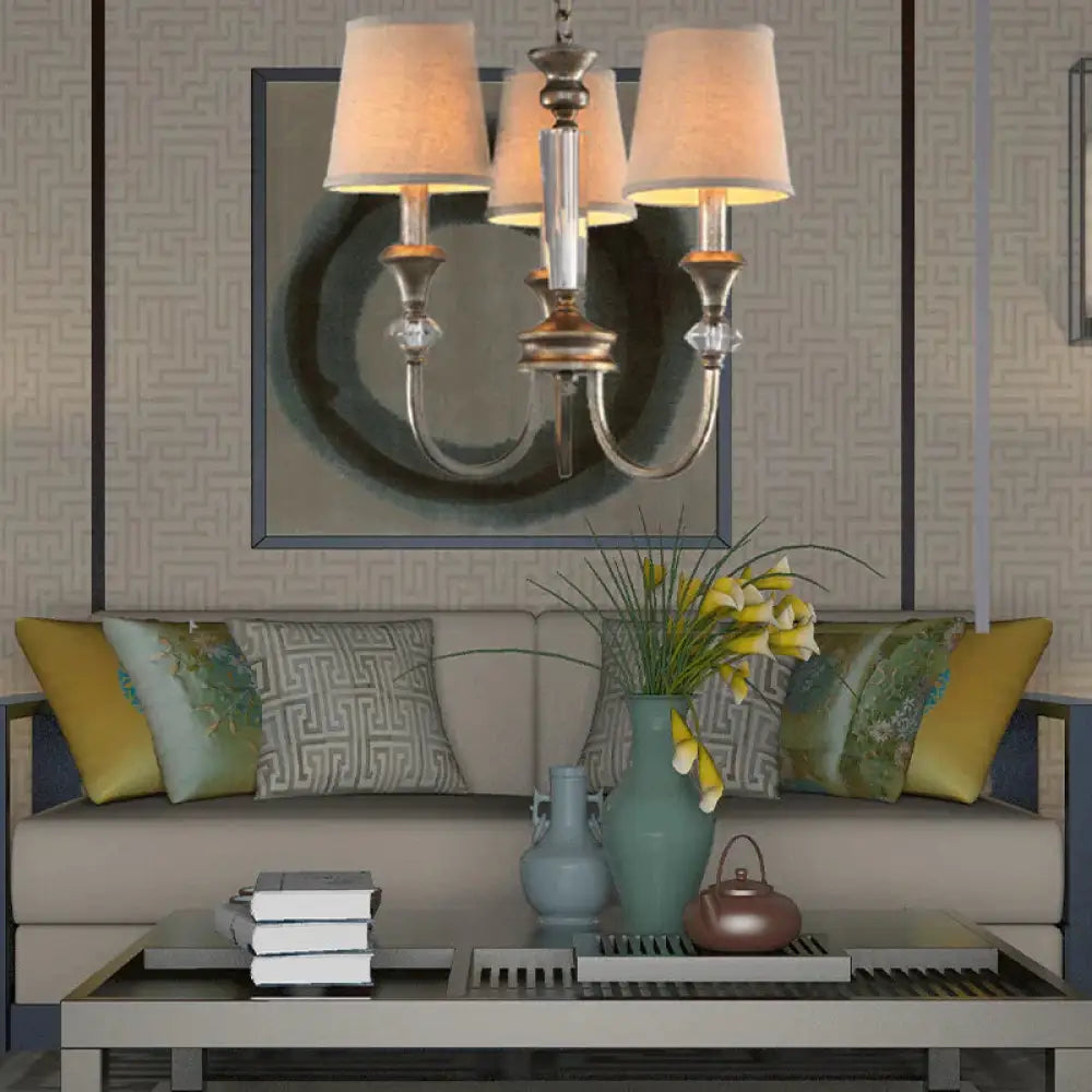 Rustic Tapered Ceiling Lamp 3/6 Lights Fabric Chandelier Light Fixture In Aged Silver For Living