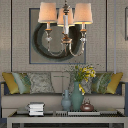 Rustic Tapered Ceiling Lamp 3/6 Lights Fabric Chandelier Light Fixture In Aged Silver For Living