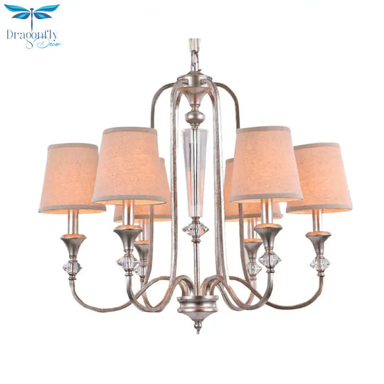 Rustic Tapered Ceiling Lamp 3/6 Lights Fabric Chandelier Light Fixture In Aged Silver For Living