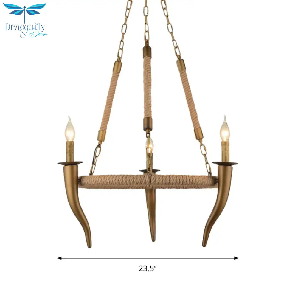 Rustic Wrapped Wagon Wheel Ceiling Pendant 3/6 - Light Khaki Metallic Chandelier Light With Ox Horn