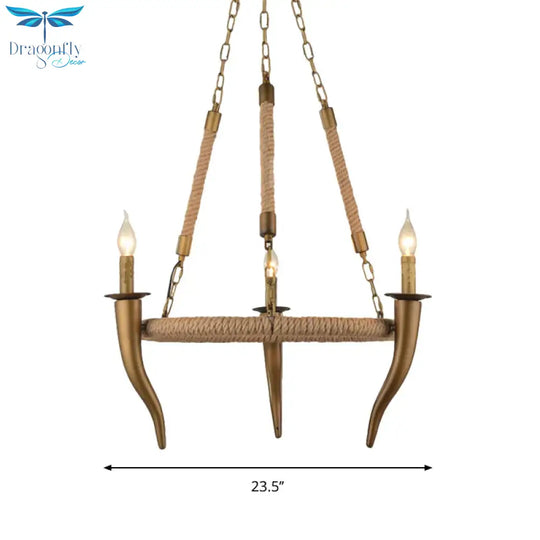Rustic Wrapped Wagon Wheel Ceiling Pendant 3/6 - Light Khaki Metallic Chandelier Light With Ox Horn