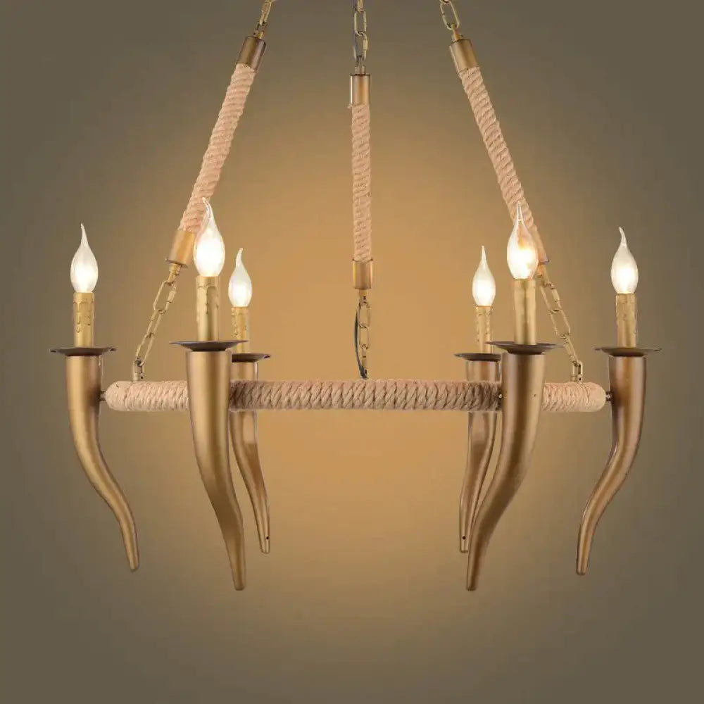 Rustic Wrapped Wagon Wheel Ceiling Pendant 3/6 - Light Khaki Metallic Chandelier Light With Ox Horn